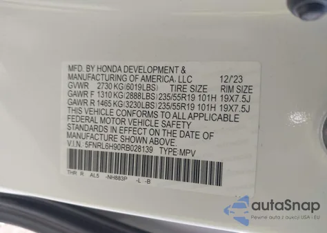 2024 Honda Odyssey Elite z USA, uszkodzony, nr VIN 5FNRL6H90RB028139